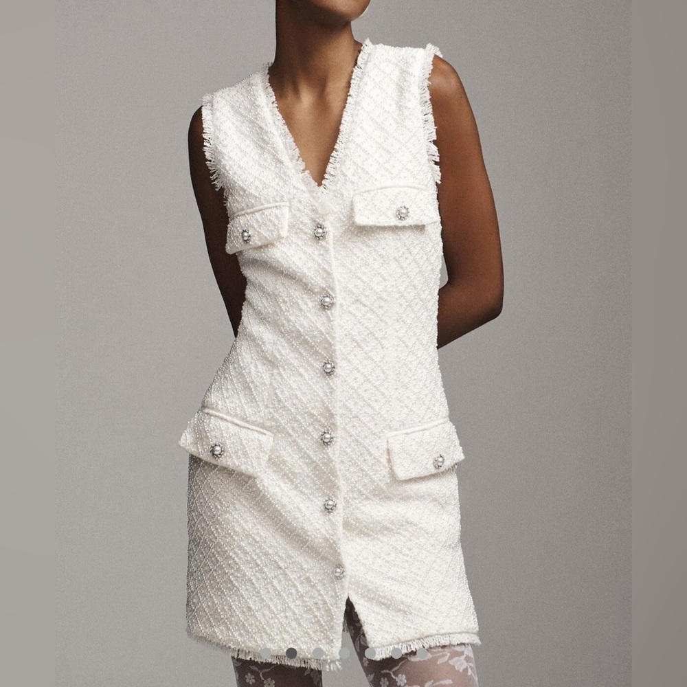 Anthropologie Wedding BHLDN Ella V-Neck White Pearl Tweed Mini Dress Size S
